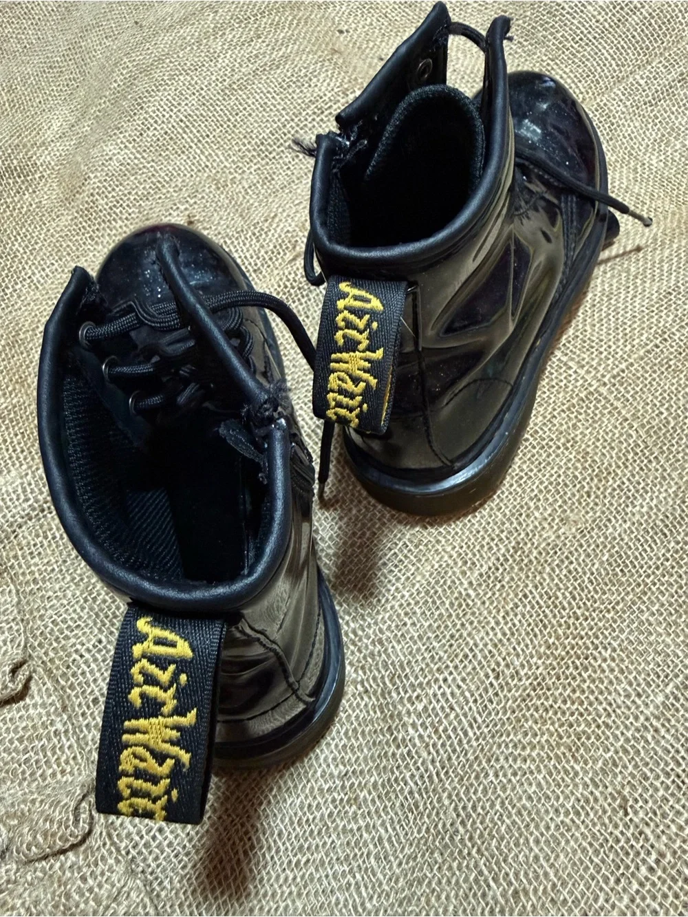 Dr. Martens 1460 Junior Glitter Black Patent Leather Boots with Yellow Stitching